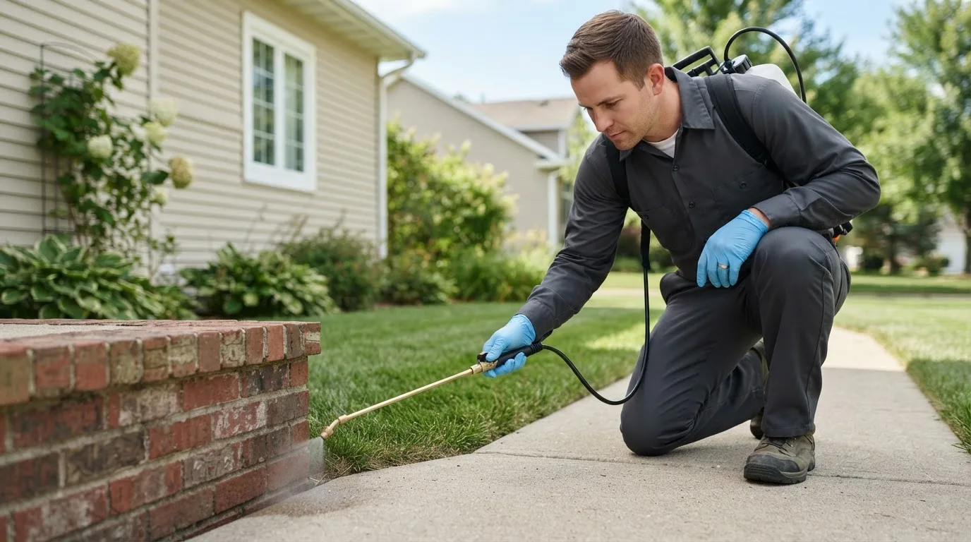 Pest control technician treating a home near Burdick, KS